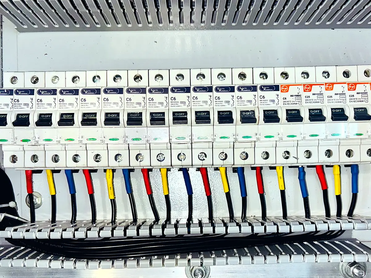 Neatly wired circuit breaker panel